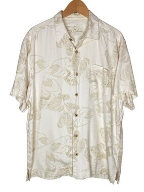 Tommy Bahama Cream Tan Silk Camp Shirt Tropical Leaves Short Sleeve Men's Large